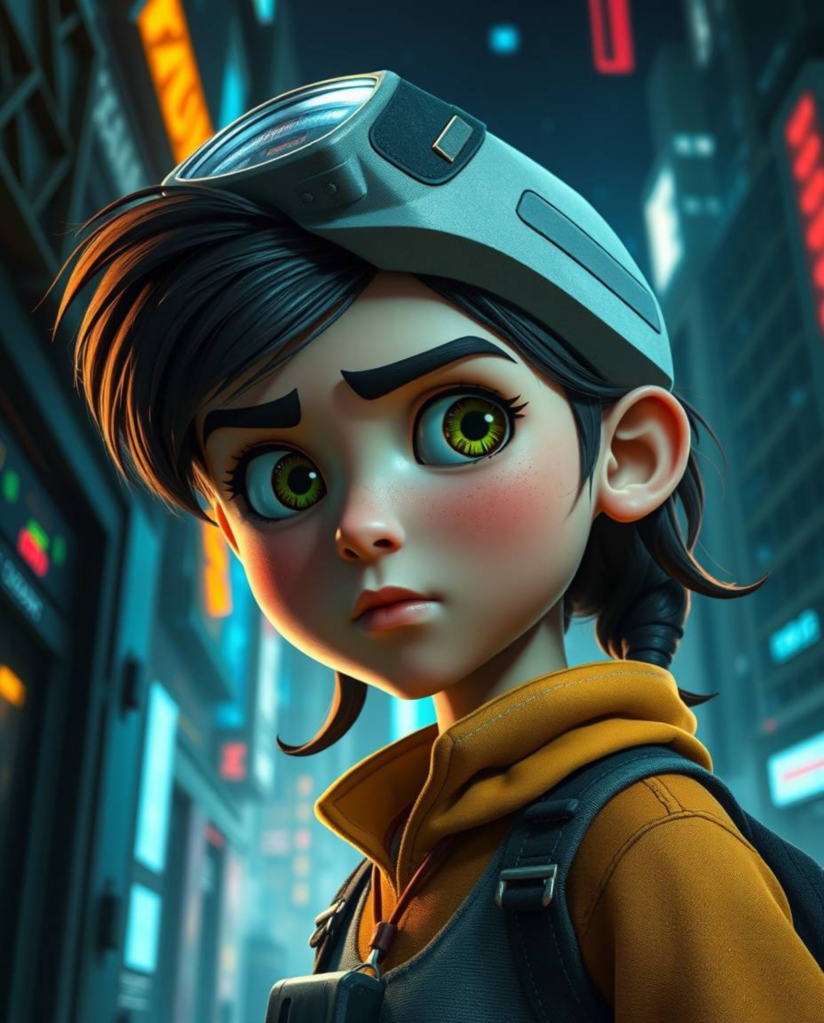 A captivating image depicting a determined young inventor girl within a sprawling futuristic city, rendered in a signature Pi
