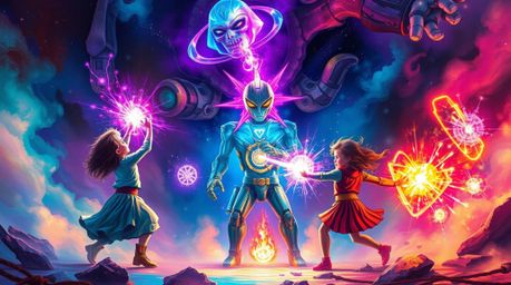 Witness an electrifying battle between three superpowered children, radiating ethereal light auras, and a formidable robot in