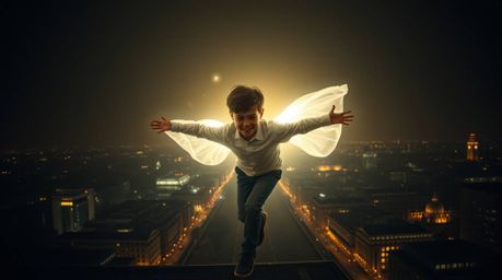 A young boy with a light aura soars above a dimly lit London, creating a mystical scene. The high contrast, ethereal spiritua