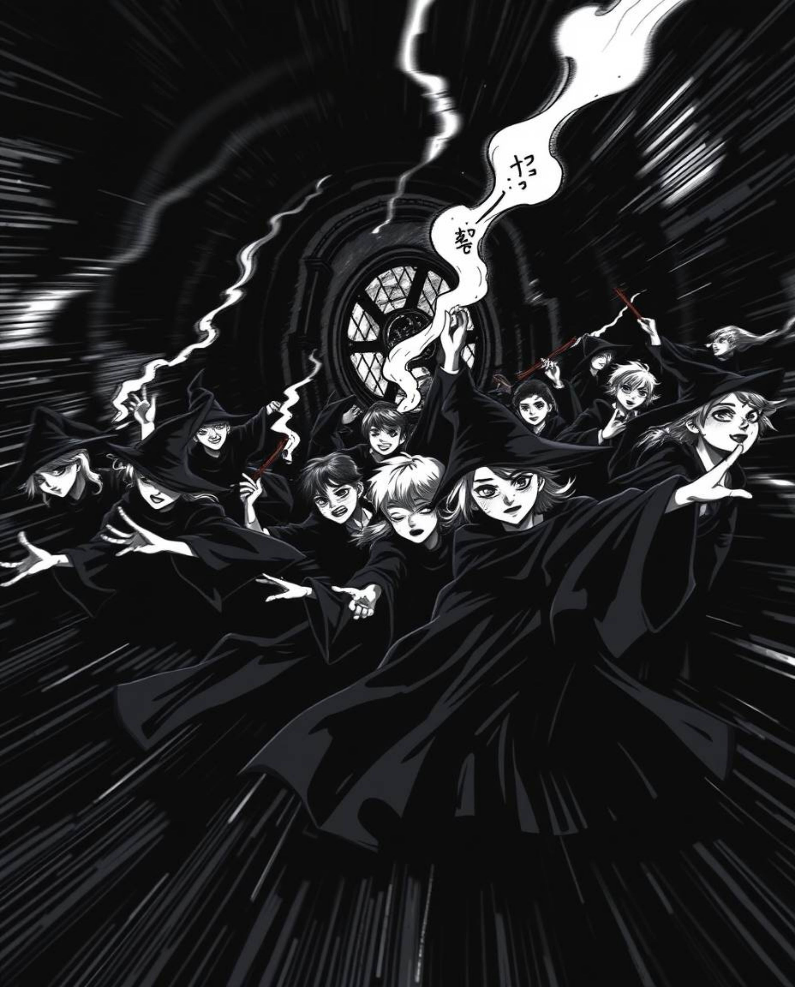 This intense jet black illustration captures the dynamic motion of a magical school filled with young wizards.  Blurred lines