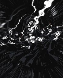 This intense jet black illustration captures the dynamic motion of a magical school filled with young wizards.  Blurred lines