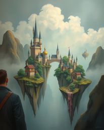 Discover a captivating moody-style painting featuring a graceful and elegant portrayal of a colorful kingdom. Floating islan