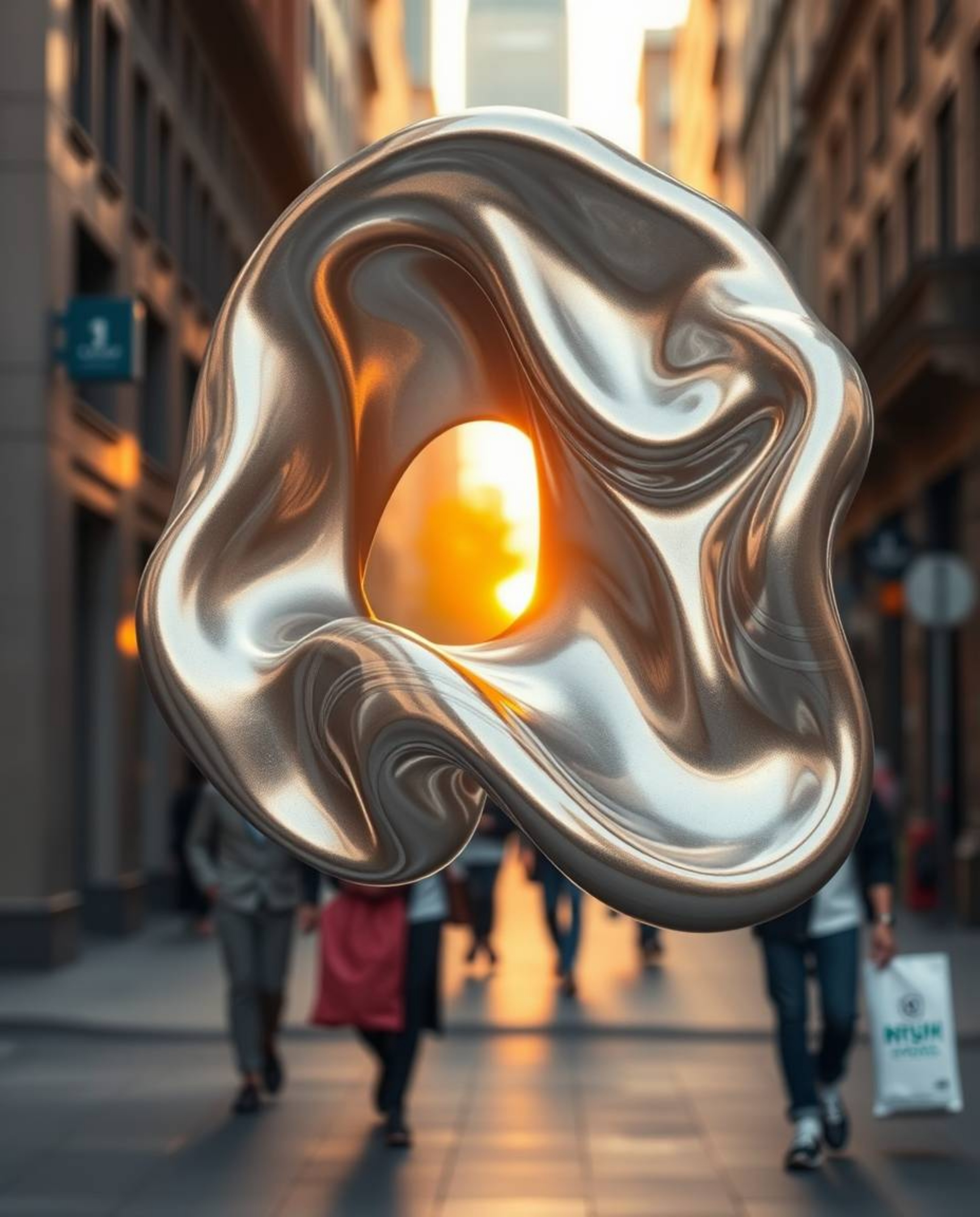 Explore captivating candid street photography showcasing smooth 3D fluid shapes with metallic textures, seemingly floating in