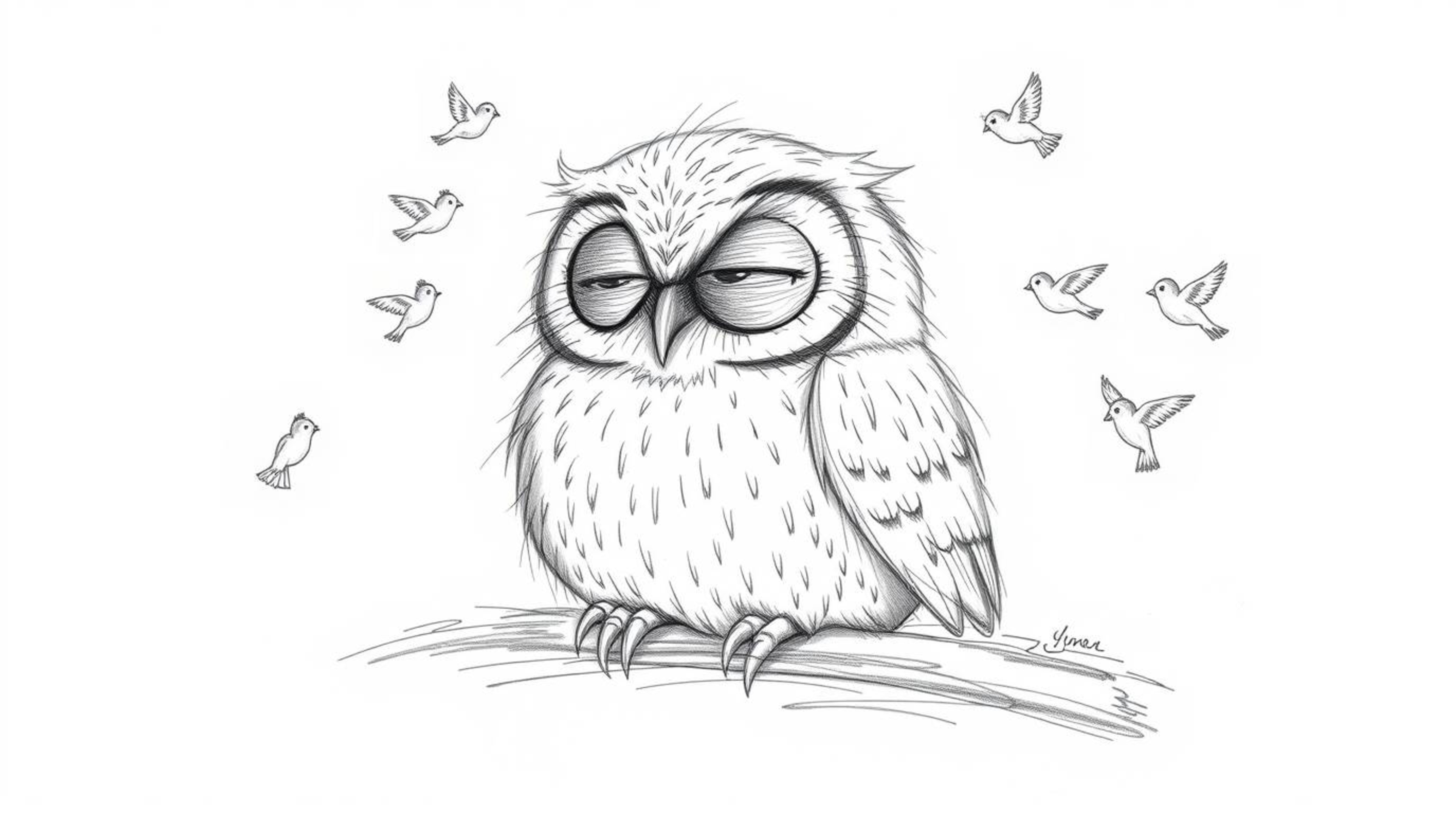 A heartwarming hand-drawn pencil sketch in Pixar style depicts a blind owl resting peacefully against a white background, its