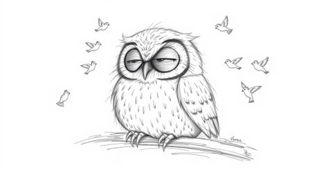 A heartwarming hand-drawn pencil sketch in Pixar style depicts a blind owl resting peacefully against a white background, its