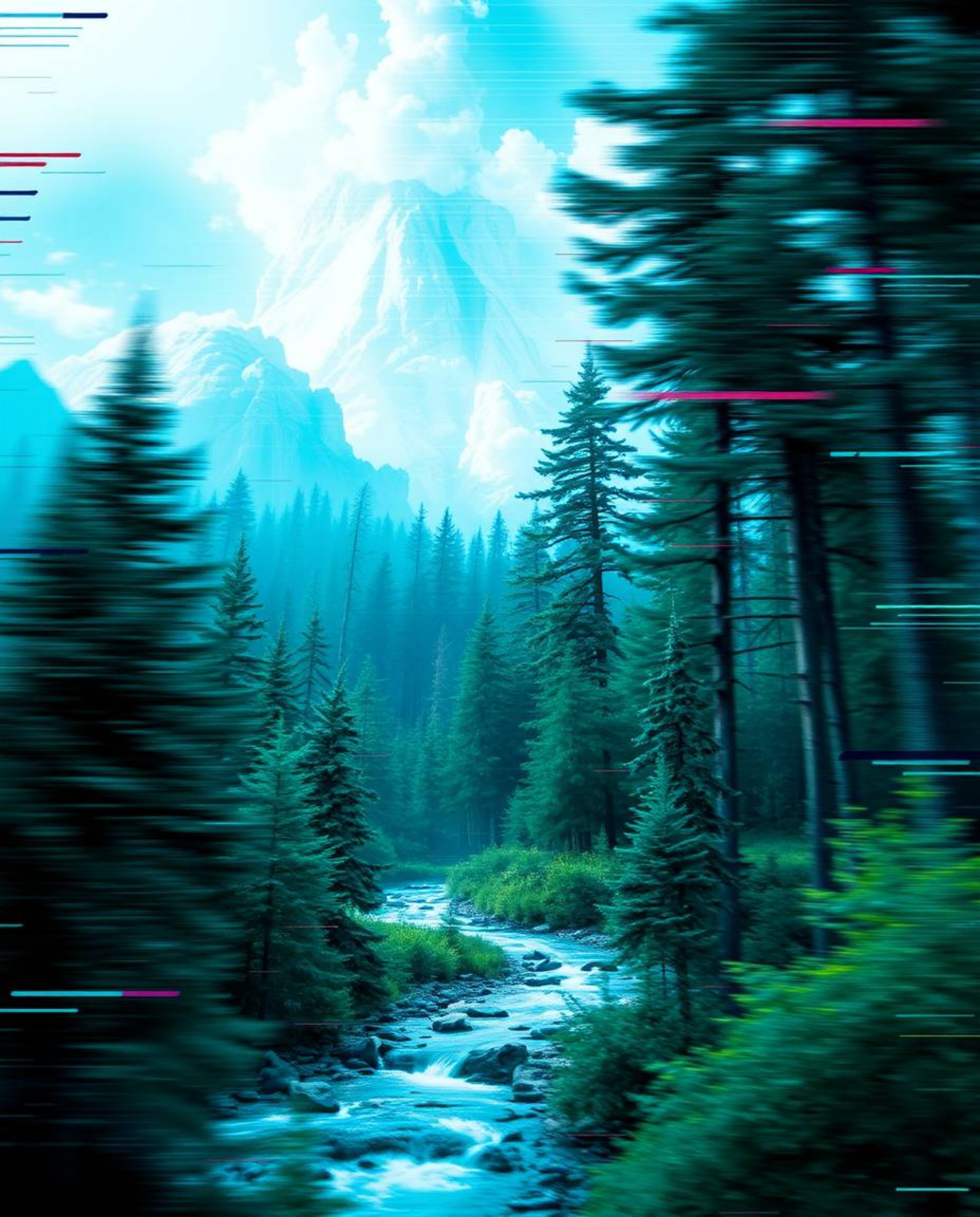 A dynamic digital painting that juxtaposes the natural tranquility of a forest with the jarring intrusion of a digital glitch