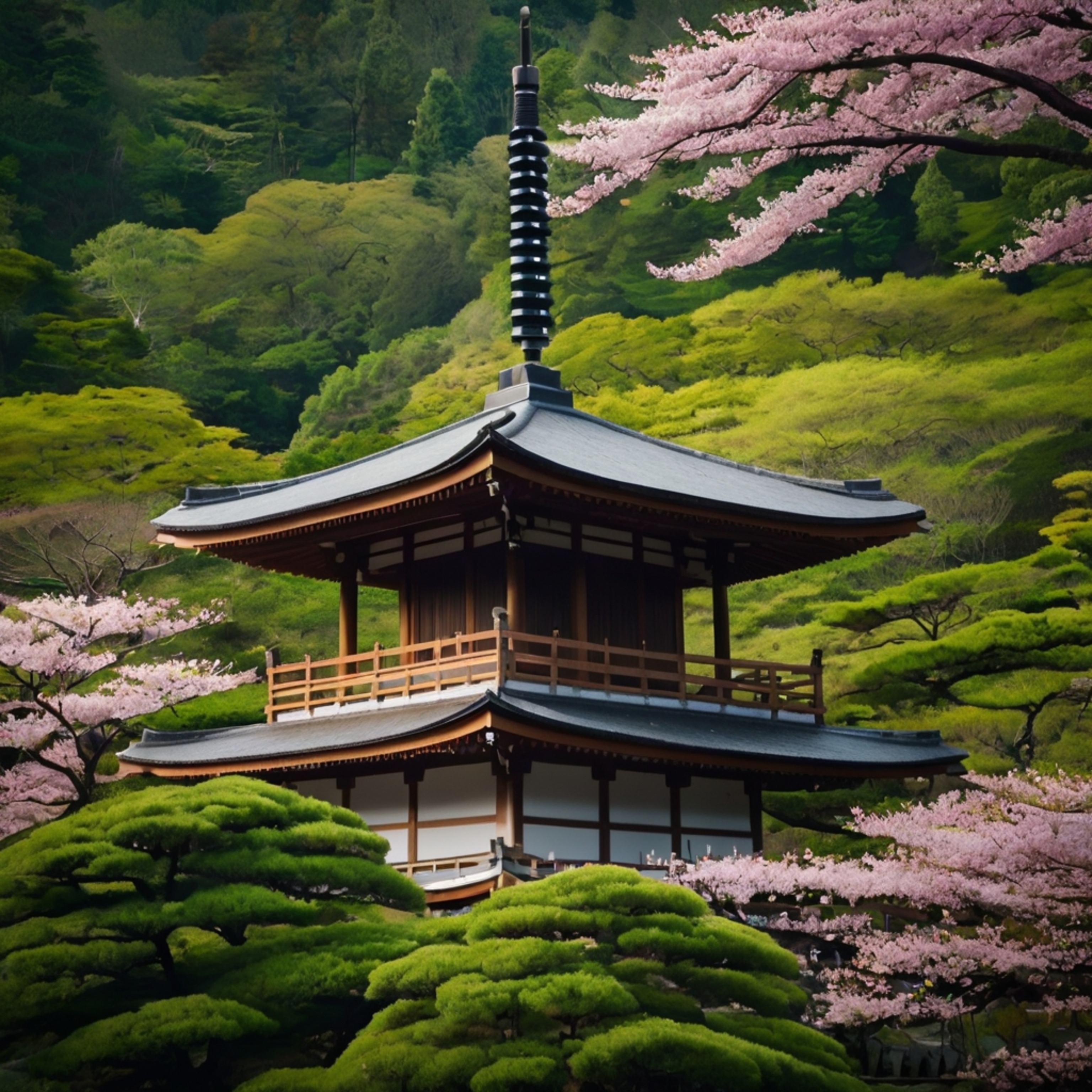 This image features a stunning traditional Japanese pagoda gracefully rising from a verdant, lush green forest. Delicate cher