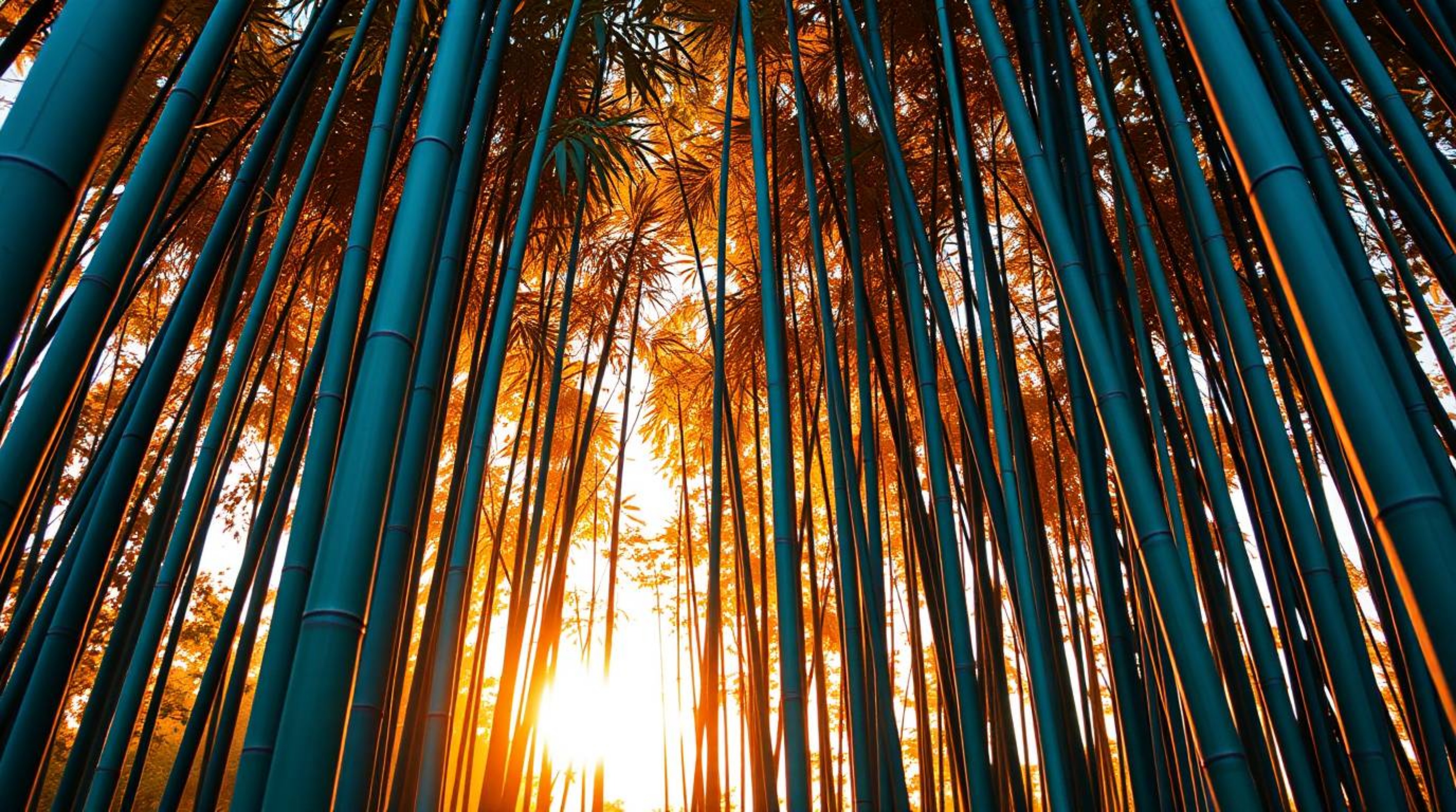 Capture the serene beauty of a bamboo forest illuminated by the golden hues of a warm sunset in this architectural color phot