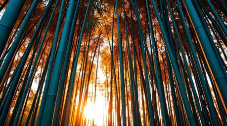 Capture the serene beauty of a bamboo forest illuminated by the golden hues of a warm sunset in this architectural color phot