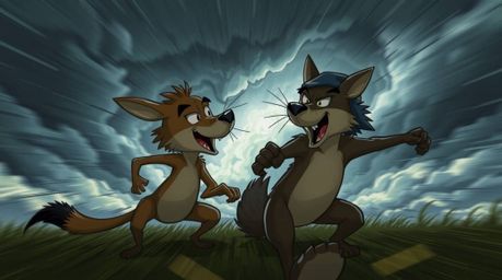 Witness a captivating scene of two talking animals engaged in playful mischief amidst a dramatic, stormy backdrop.  Dynamic a