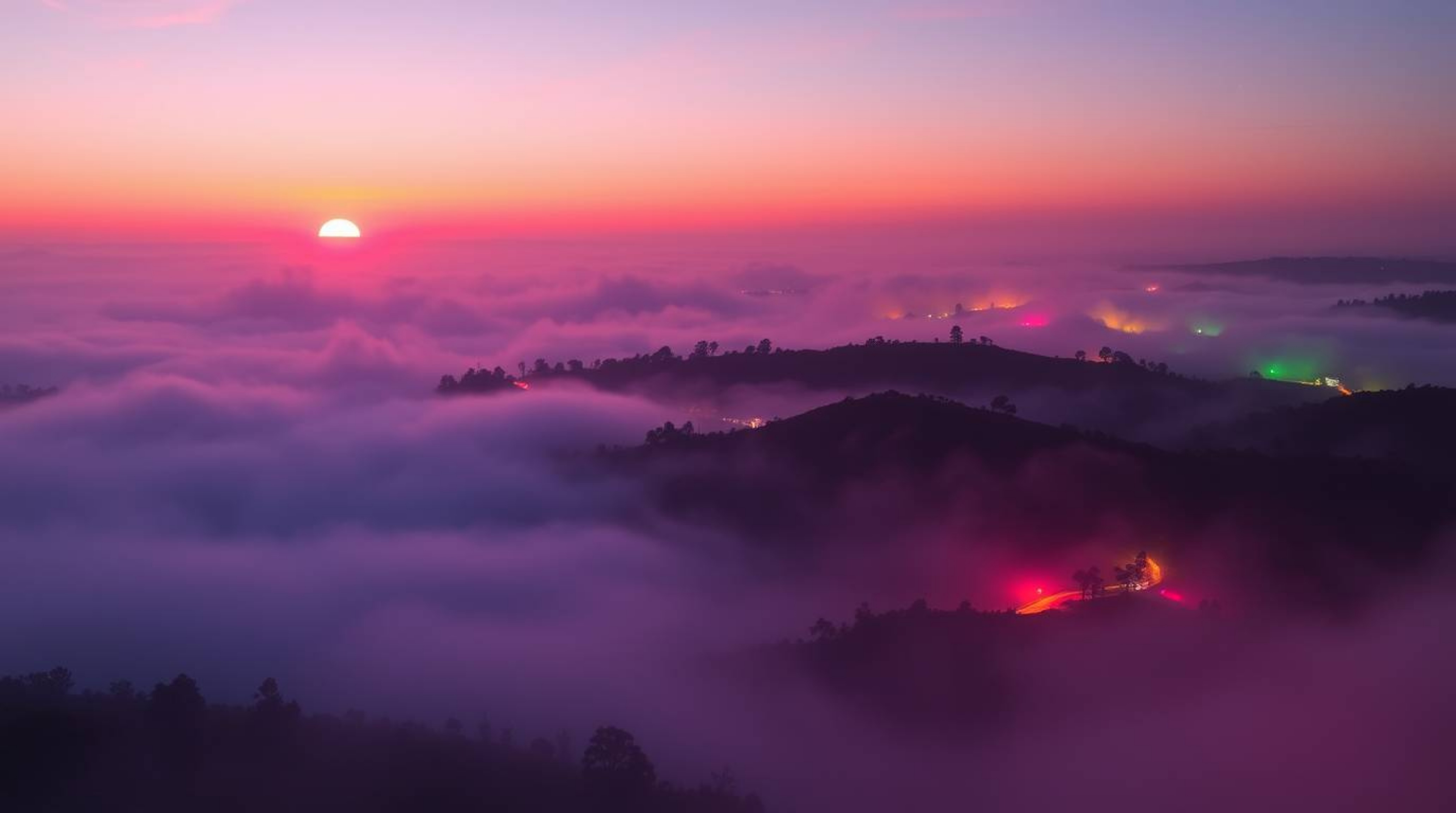 A captivating image depicting a dreamy hillscape shrouded in fog, illuminated by a vibrant sunset.  Bioluminescent colors bat