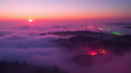 A captivating image depicting a dreamy hillscape shrouded in fog, illuminated by a vibrant sunset.  Bioluminescent colors bat