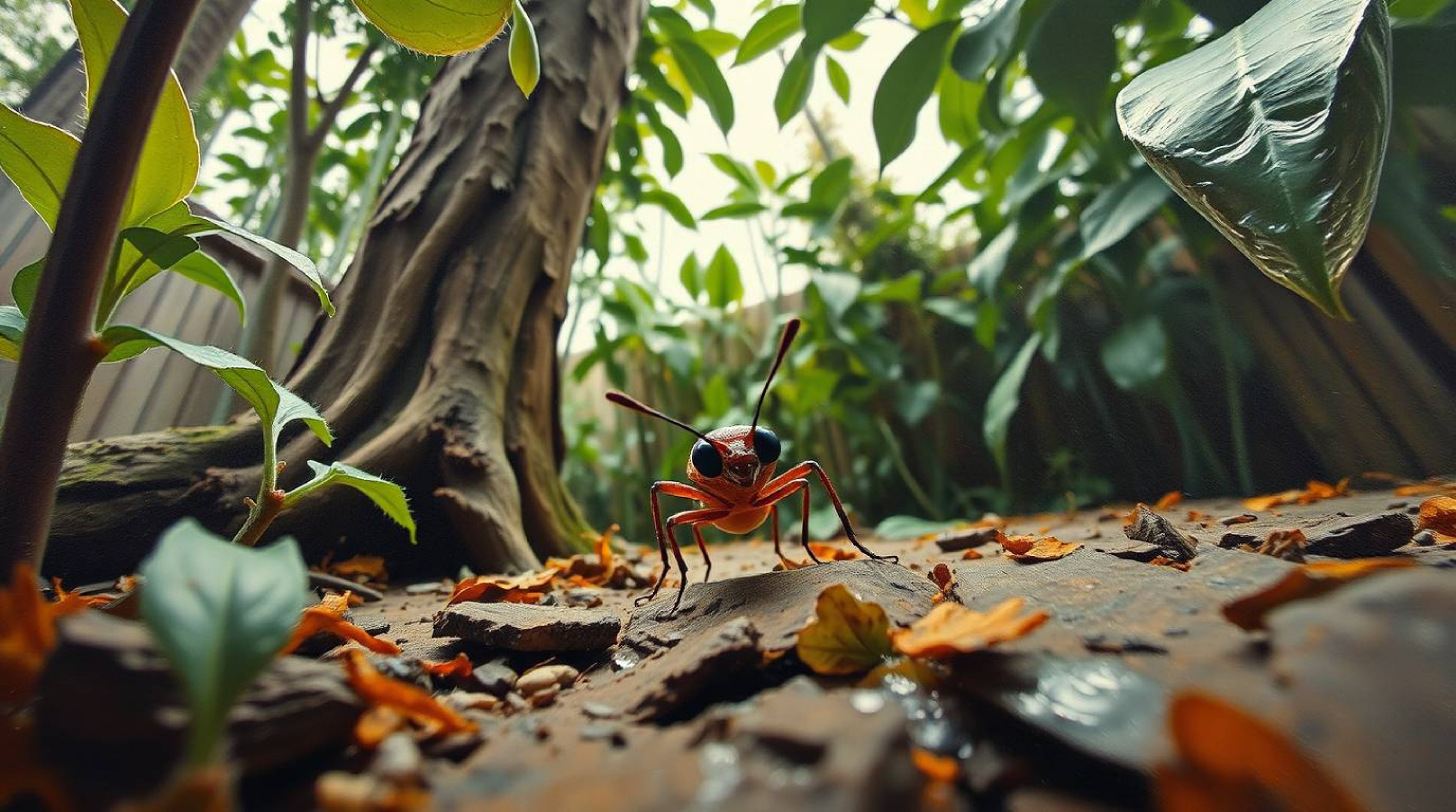 Explore a whimsical world with this classic oil painting depicting a bug-sized hero's adventure in a backyard jungle.  Captur