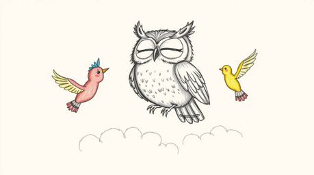 A whimsical hand-drawn sketch in a textured pencil style depicts a blind owl with expressively closed eyes.  This inspiration