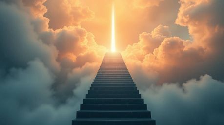 A surreal digital artwork depicts a stairway gracefully ascending through smoky clouds towards a radiant celestial light.  Th