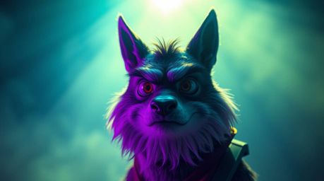 A sarcastic animal sidekick with expressive eyes is dramatically lit by volumetric lighting in cool blues, greens, and purple