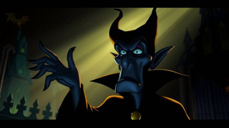 A classic Disney villain, with exaggerated features and shadowed eyes, casts a spell within a dimly lit, ancient castle.  Iri