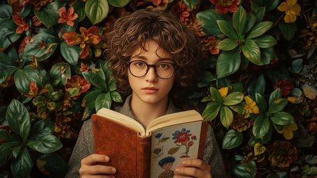 In a highly detailed cinematic photograph, a bespectacled, curly-haired young genius is captured amidst a lush and exotic var