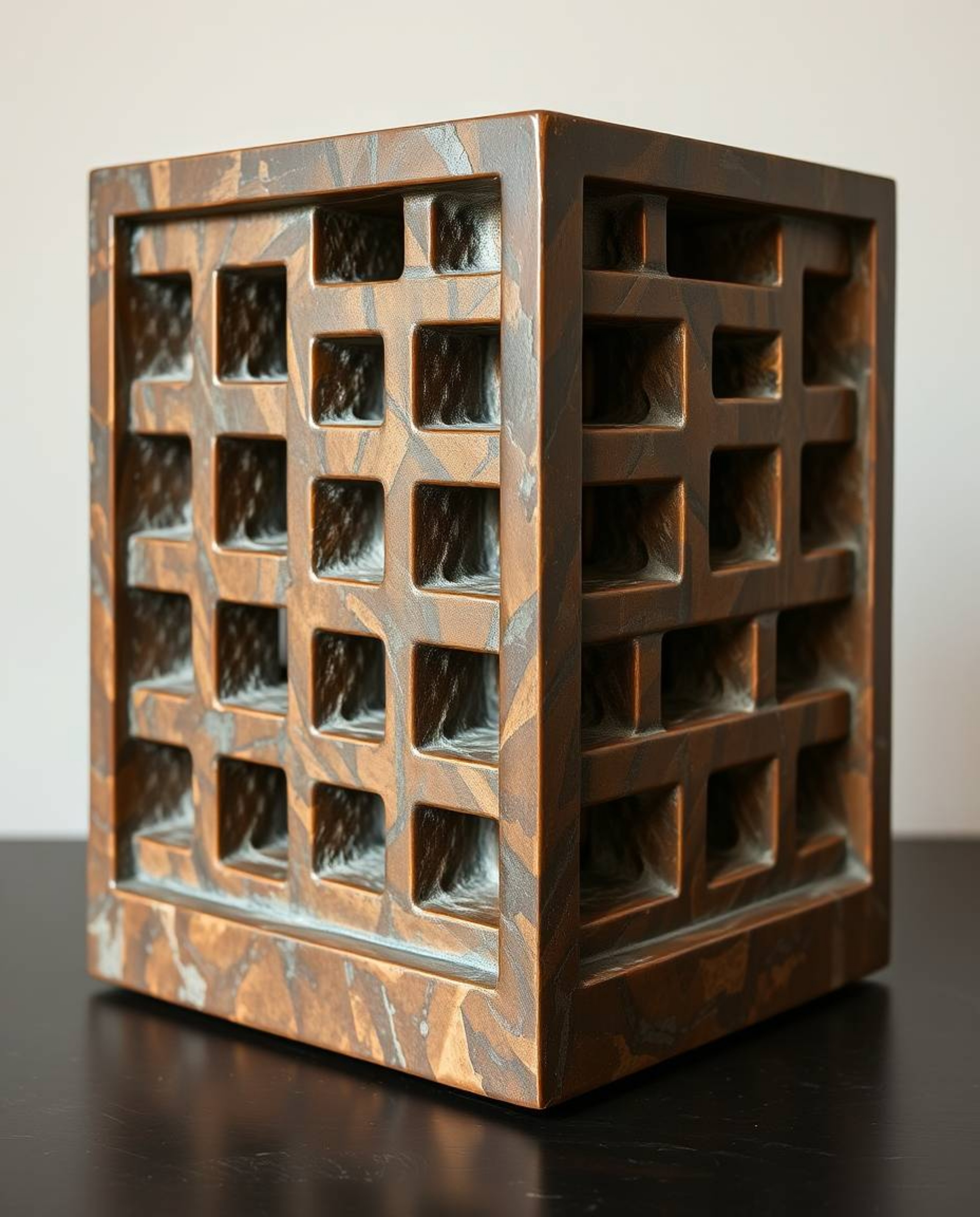 A captivating cast bronze sculpture featuring a mesmerizing repetitive cube pattern in the style of M.C. Escher's impossible 