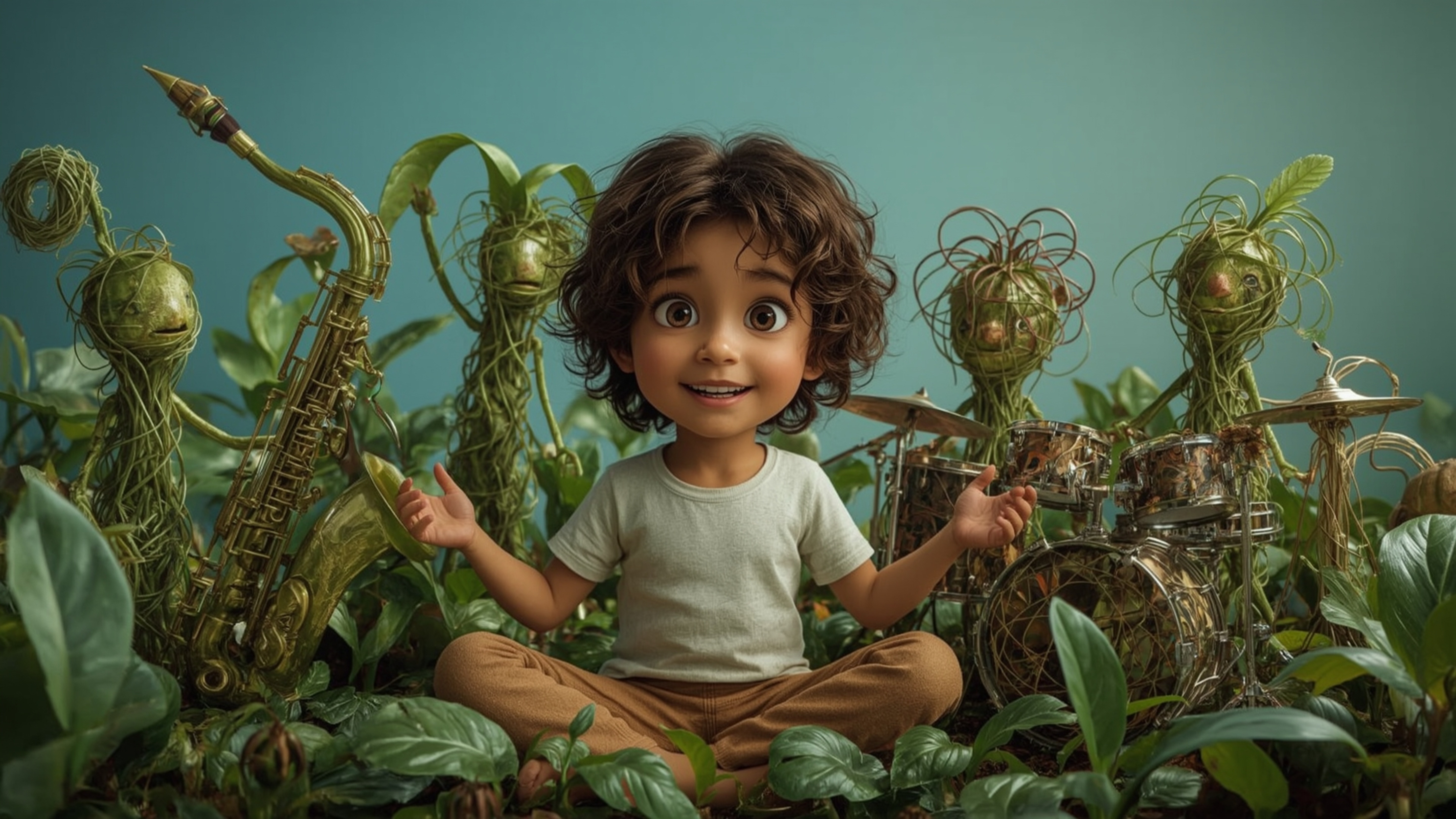 A highly detailed, high-resolution stock photo of a homeschooled genius, reminiscent of a Pixar character, sitting amidst a l