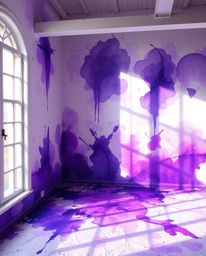 Immerse yourself in a room exploding with vibrant paint, rendered in deep ultraviolet hues and delicate watercolor techniques