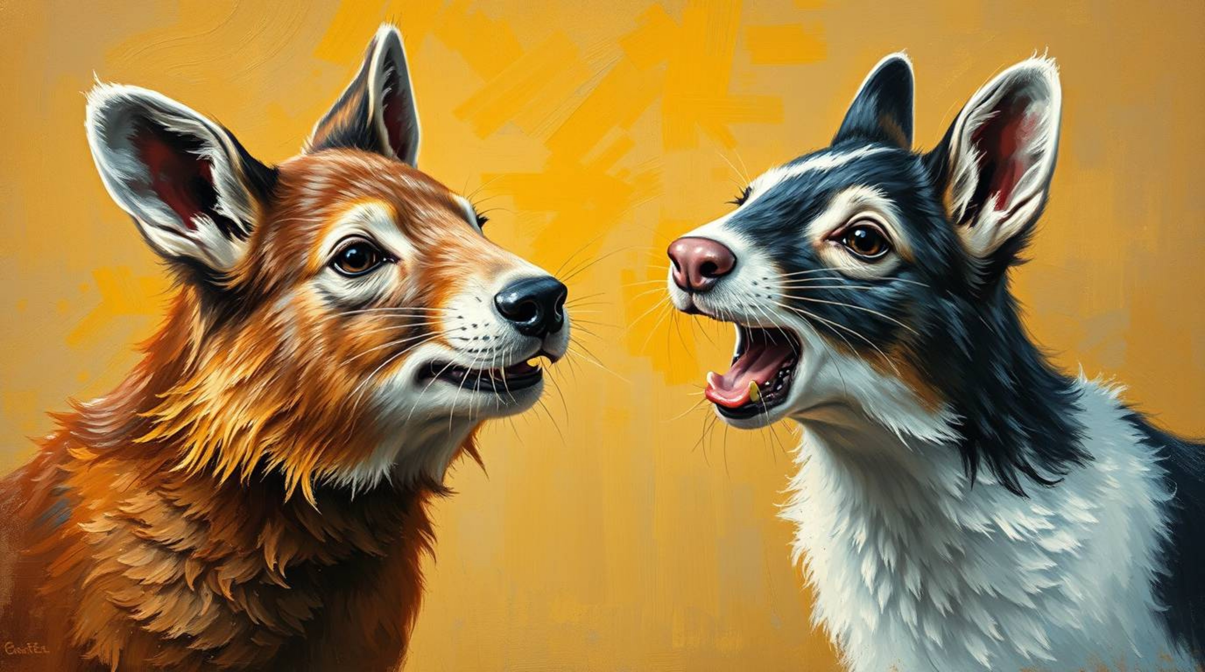 This classic oil painting depicts two talking animals engaged in mischievous behavior, rendered with rich texture and visible