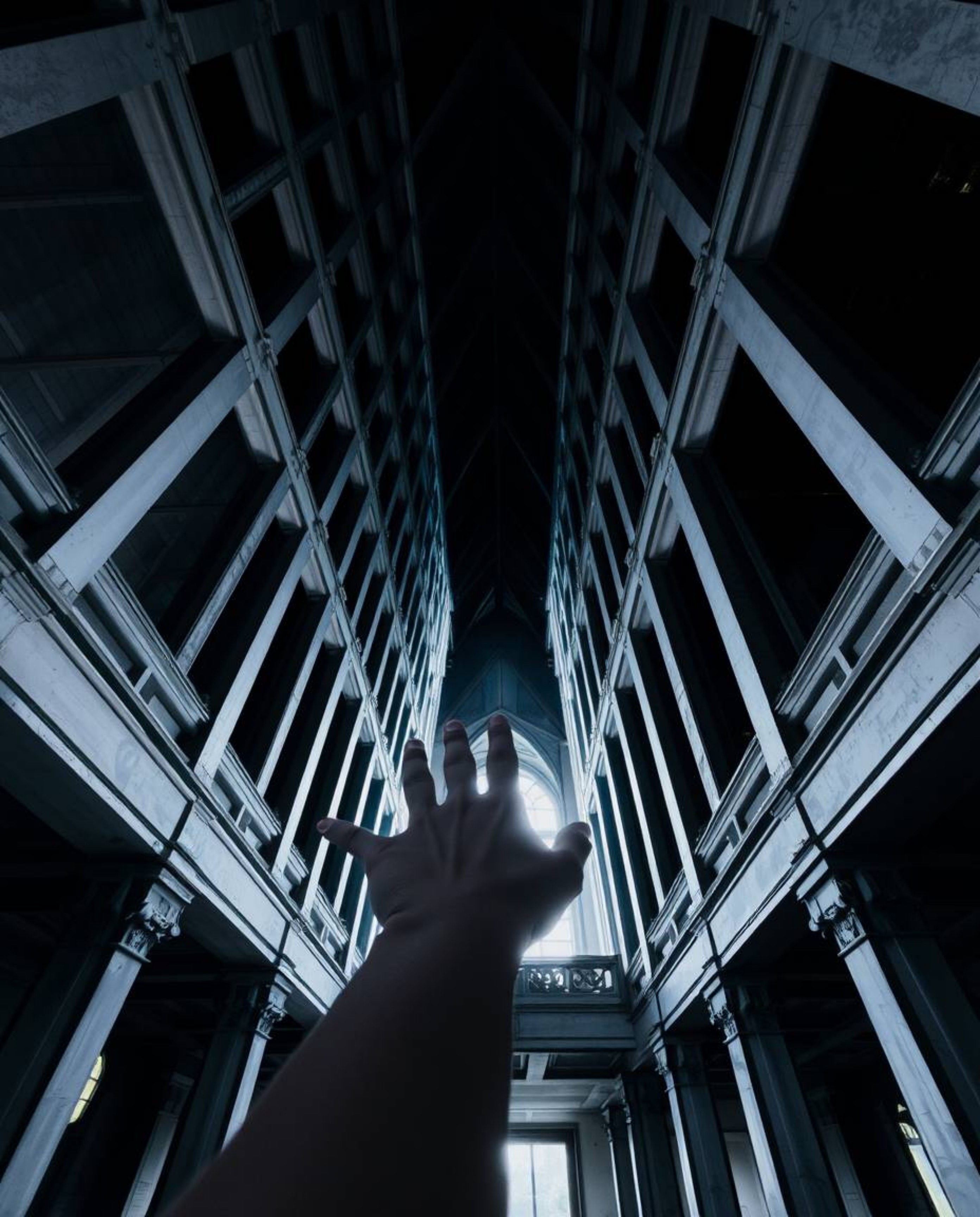 A captivating architectural photograph showcasing sharp lines, detailed structures, and a wide-angle perspective.  A hand dra