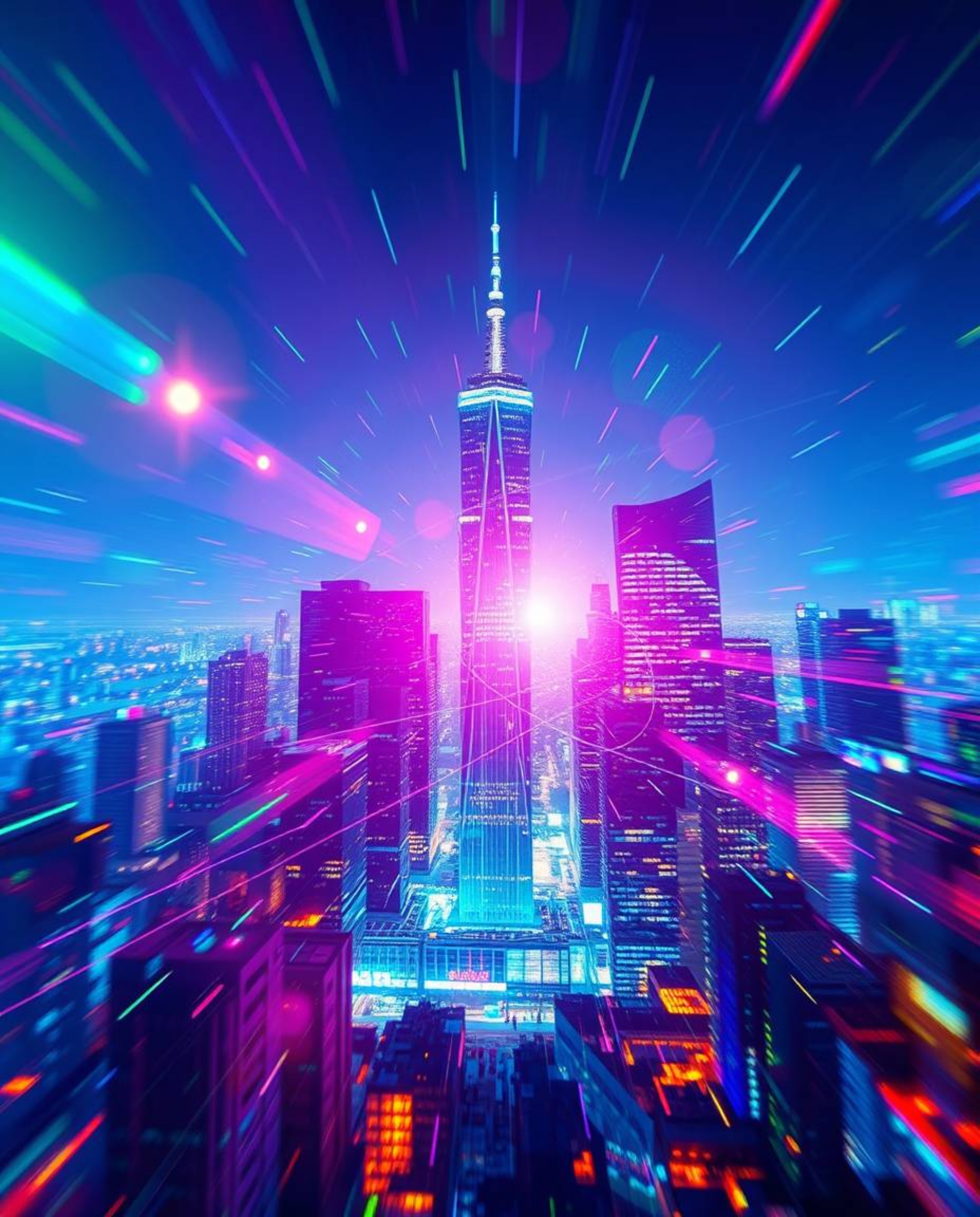 Experience a captivating digital landscape featuring distorted skyscrapers, vibrant blue, green, and purple hues, bright lens
