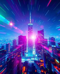 Experience a captivating digital landscape featuring distorted skyscrapers, vibrant blue, green, and purple hues, bright lens