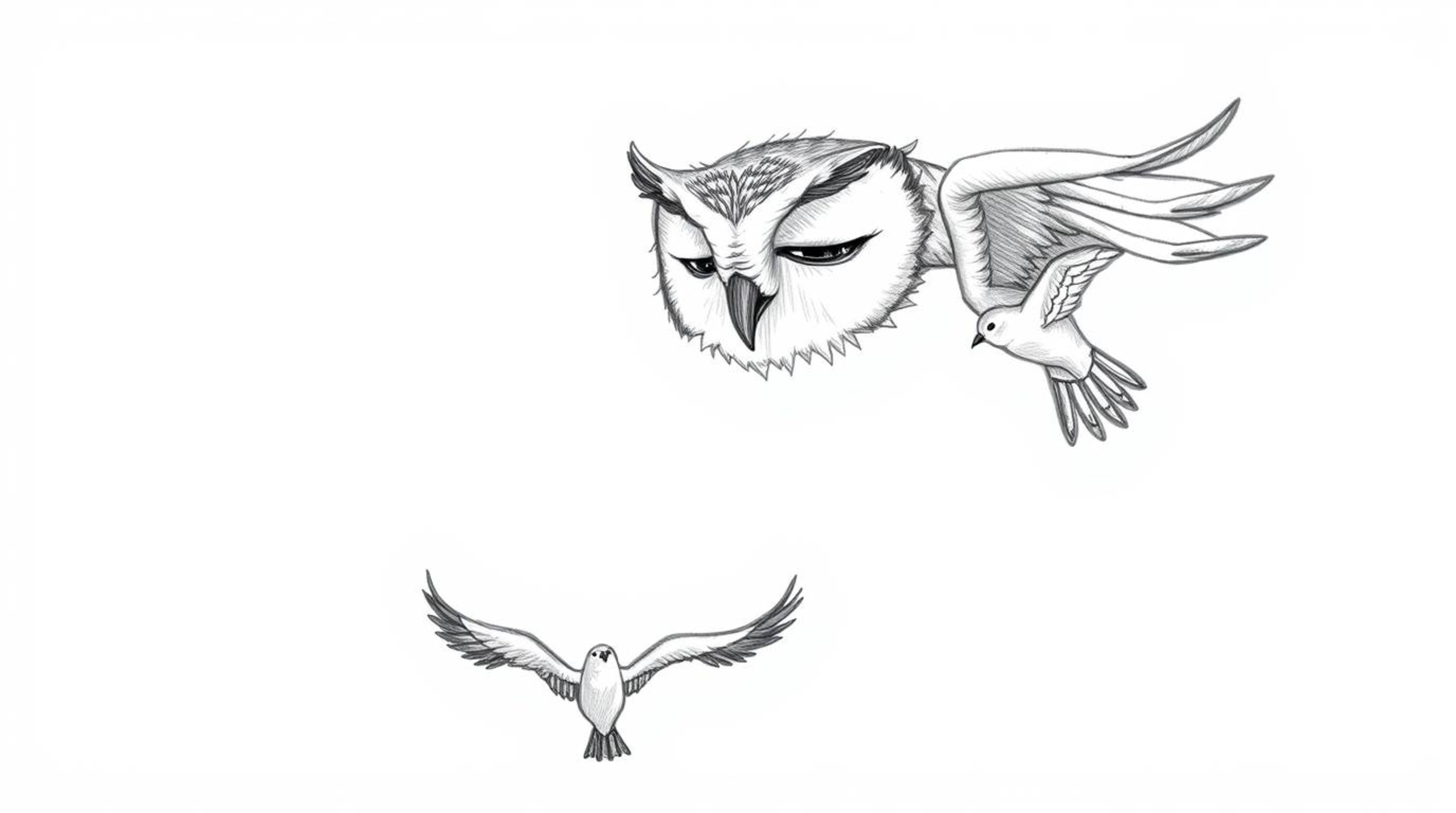 A heartwarming Pixar-style hand-drawn sketch depicts a blind owl with gentle features, its eyes closed, conveying wisdom as i