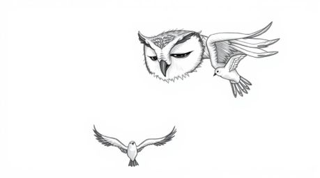 A heartwarming Pixar-style hand-drawn sketch depicts a blind owl with gentle features, its eyes closed, conveying wisdom as i