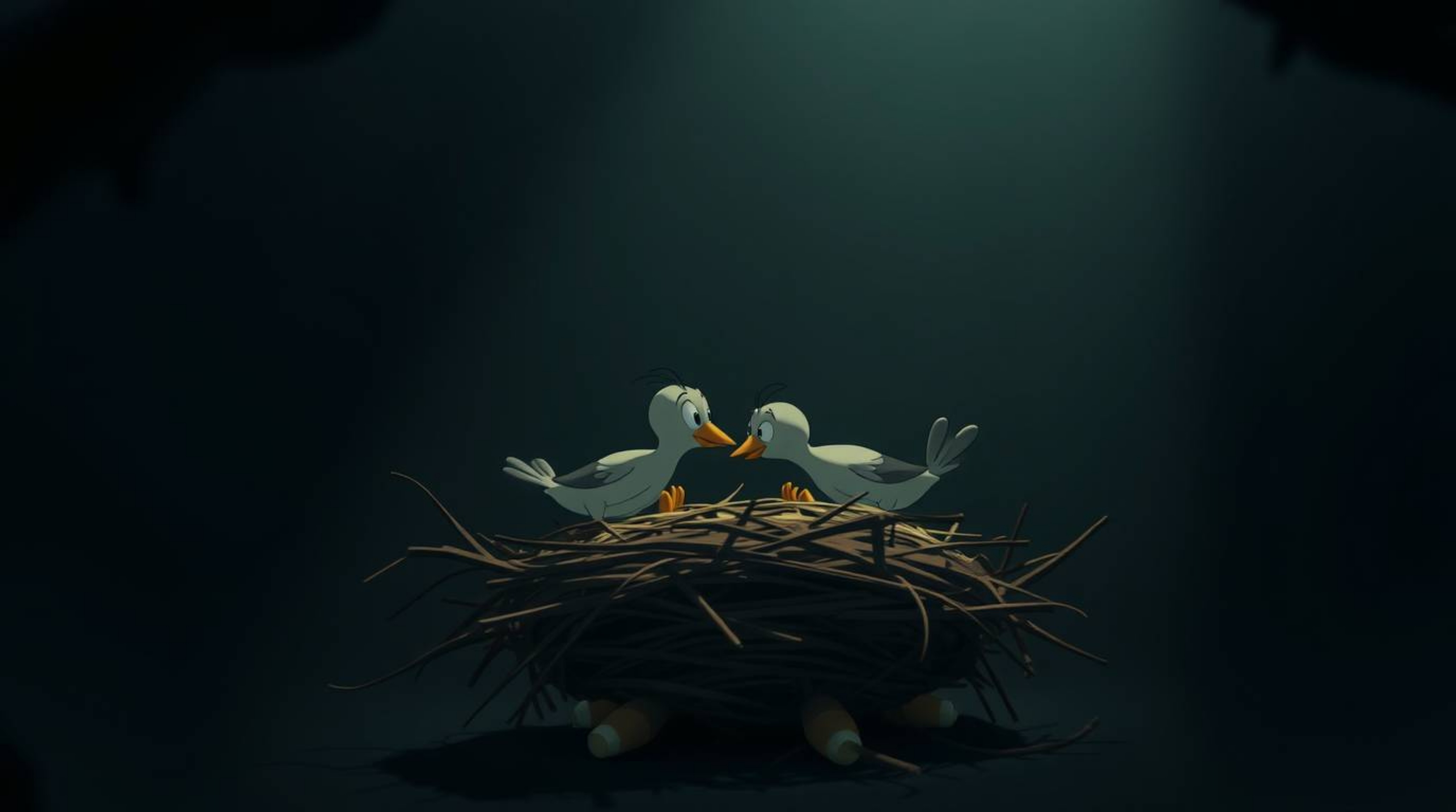 A captivating, low-angle photograph showcasing two cartoon birds diligently constructing a nest, rendered in a classic animat