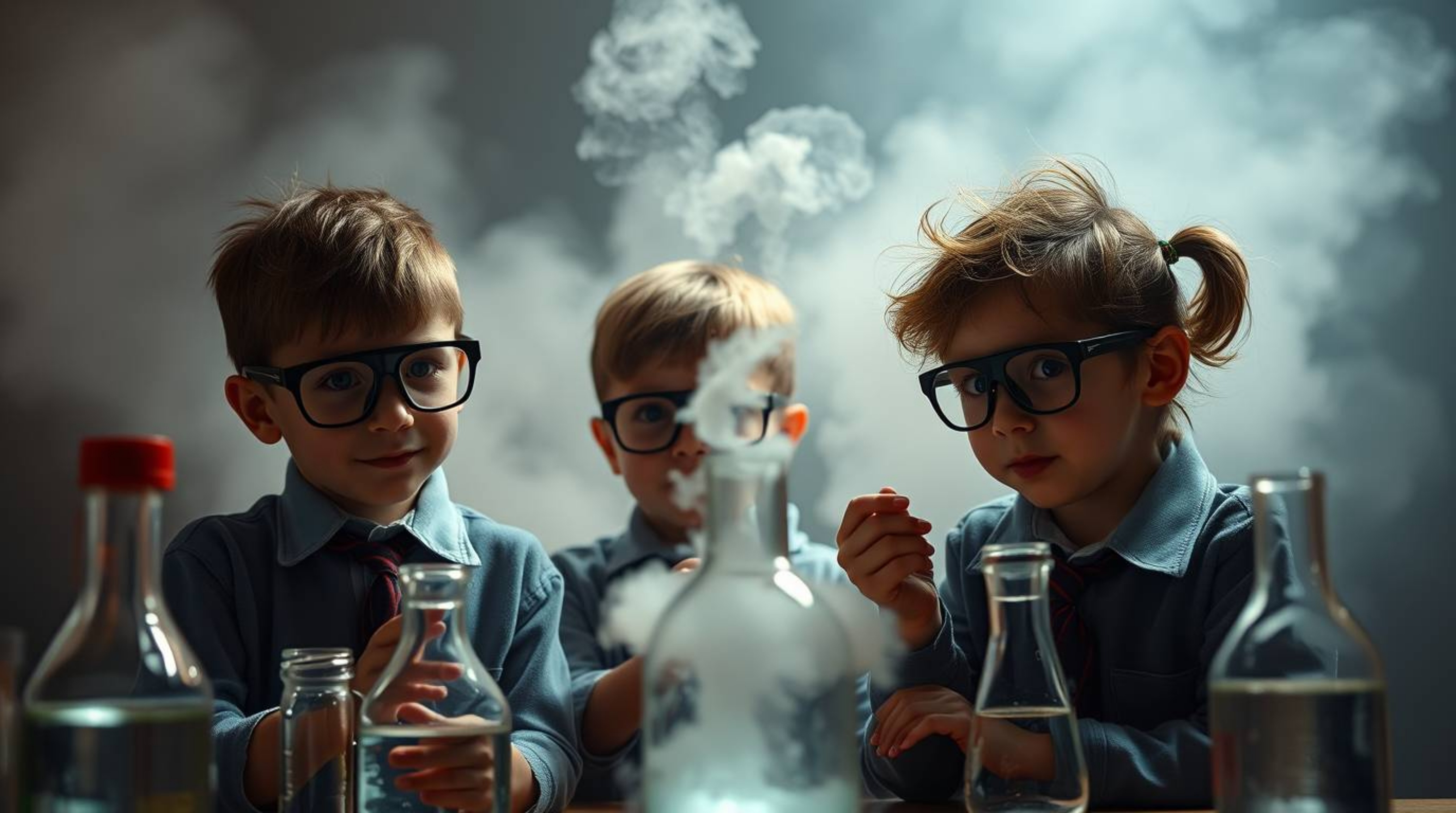 A captivating editorial-style photograph showcases a group of quirky children in school uniforms conducting science experimen