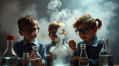 A captivating editorial-style photograph showcases a group of quirky children in school uniforms conducting science experimen