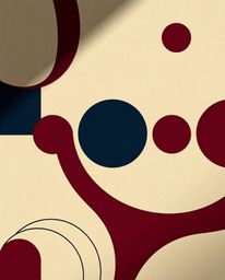 A sophisticated minimalist geometric pattern in the Bauhaus style features contrasting circles and lines.  Rich burgundy and 