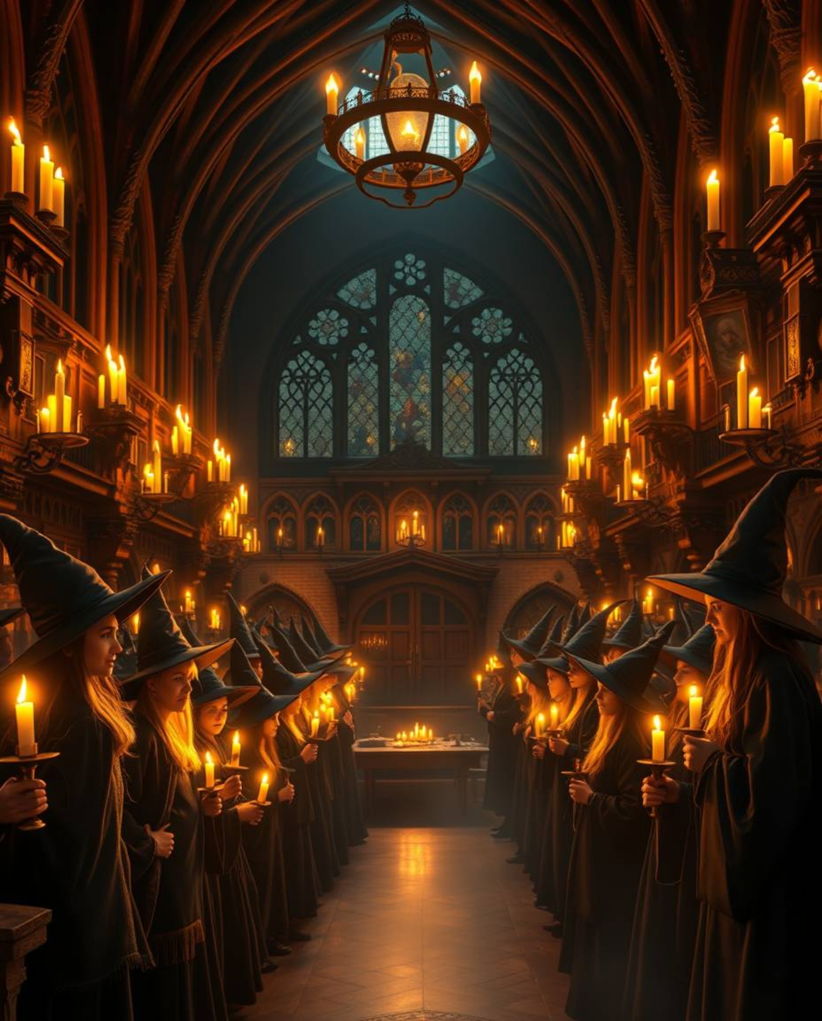 Discover a captivating image of a magical school brimming with young wizards, bathed in the warm, enchanting glow of candleli
