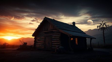 Discover a captivating image of an old wooden cabin bathed in the dramatic sunset hues of a futuristic sci-fi world.  High co