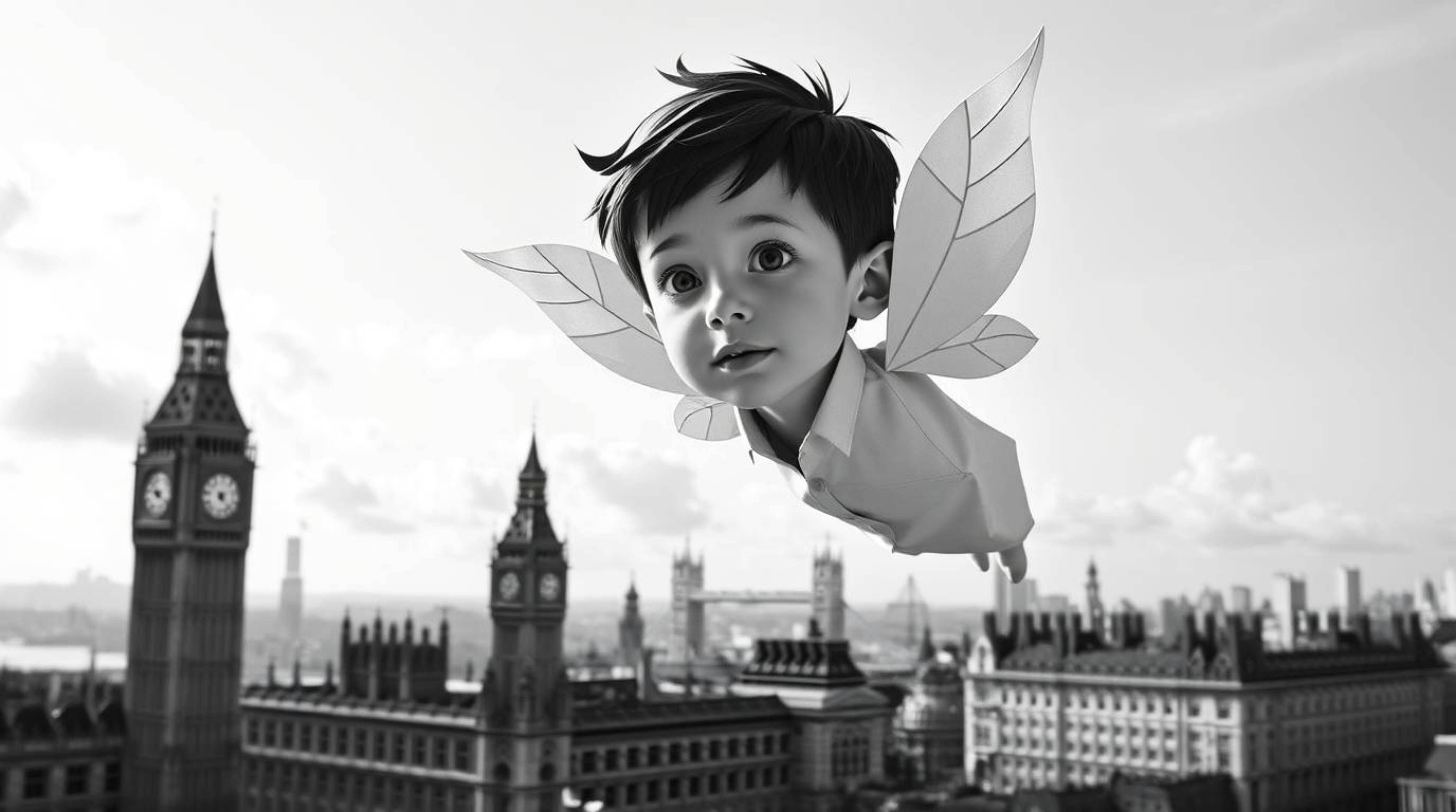 A captivating image depicts a young boy with delicate features soaring above the London skyline, sprinkled with pixie dust.