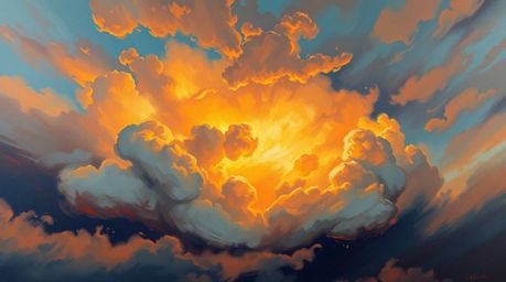 This is a classic oil painting depicting dramatic thunderstorm clouds vividly illuminated by the warm light of a setting sun.