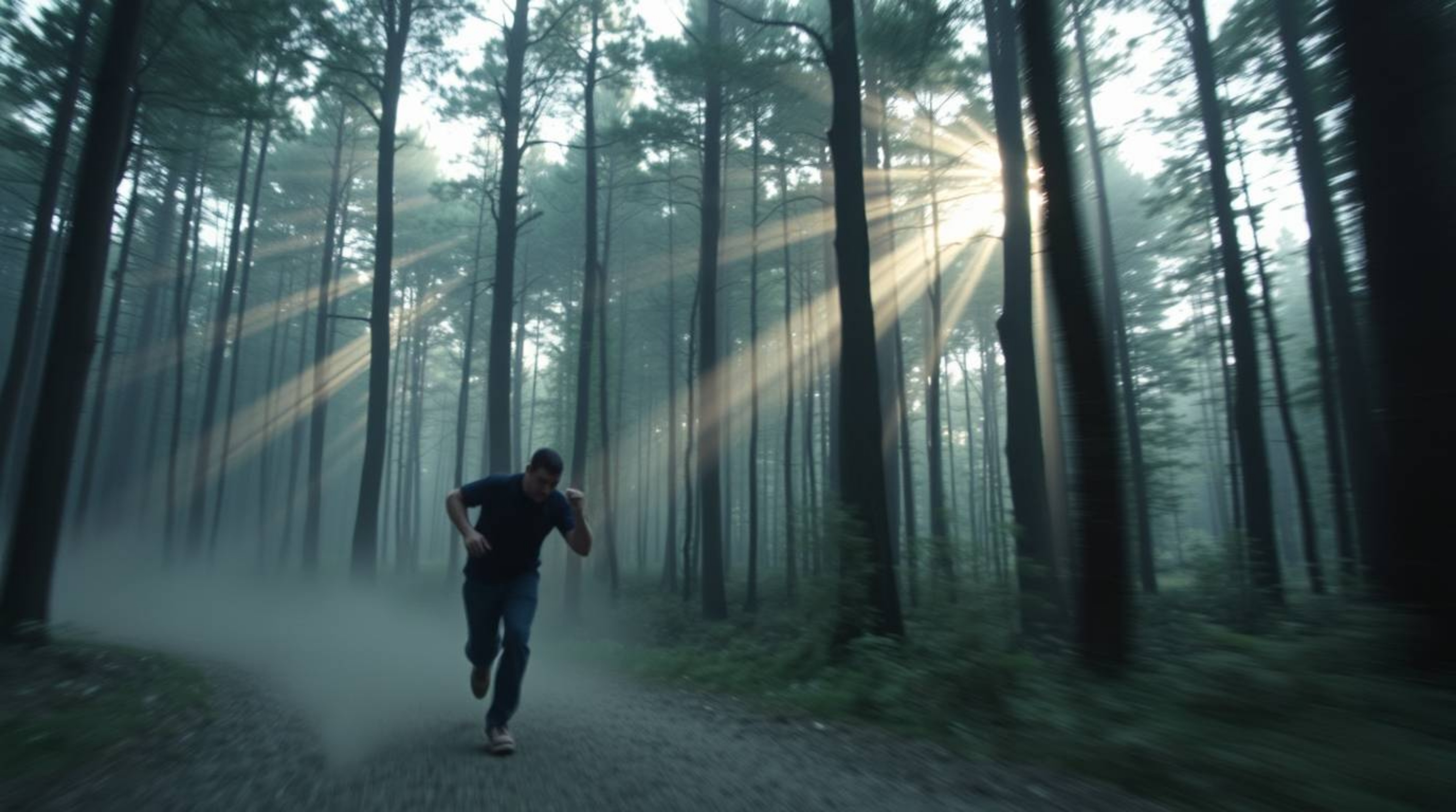 Experience a thrilling chase scene in a looping forest environment. This close-up shot features stunning volumetric lighting,