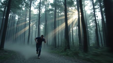Experience a thrilling chase scene in a looping forest environment. This close-up shot features stunning volumetric lighting,