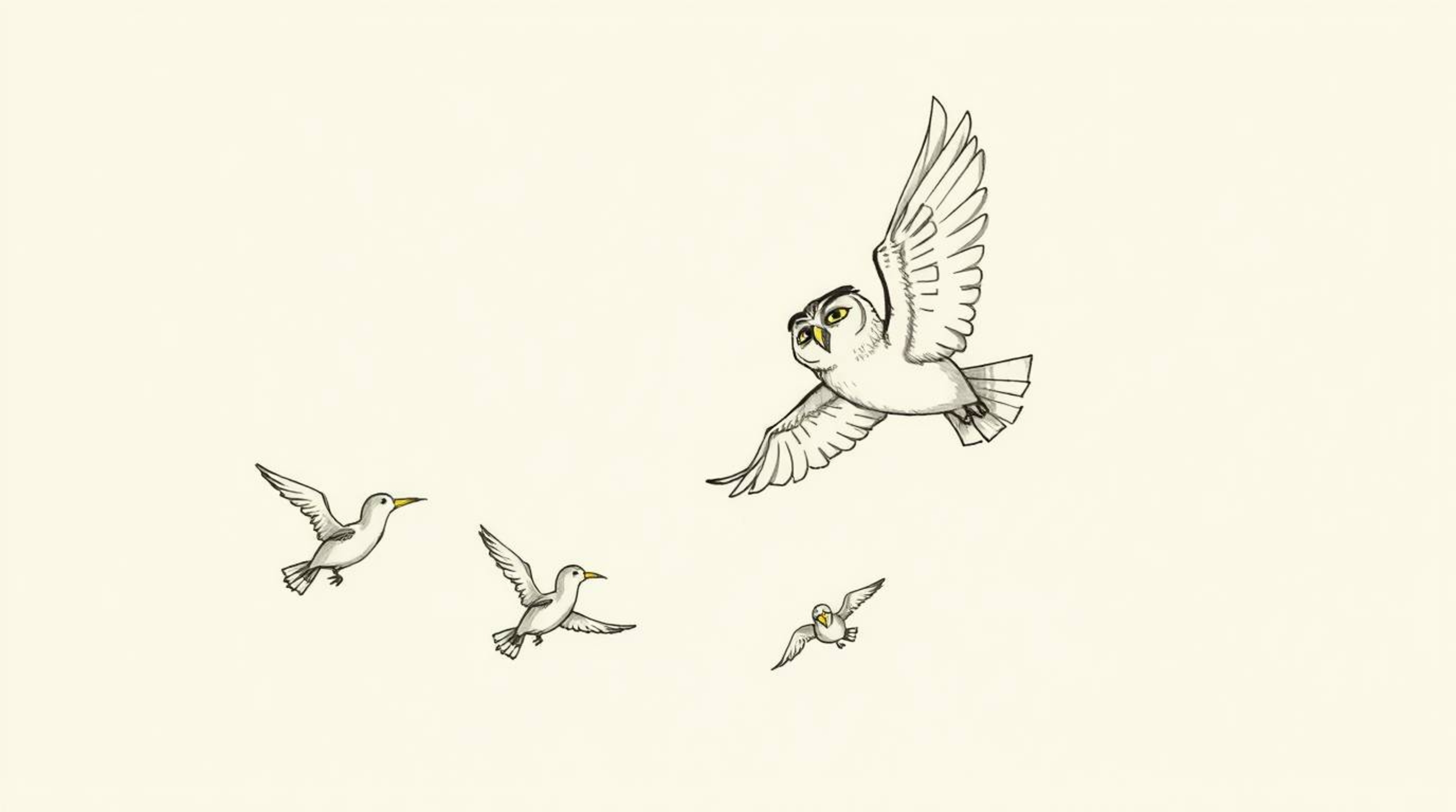 A hand-drawn sketch inspired by Pixar portrays a blind owl gracefully in mid-flight, guiding several birds in their first fly