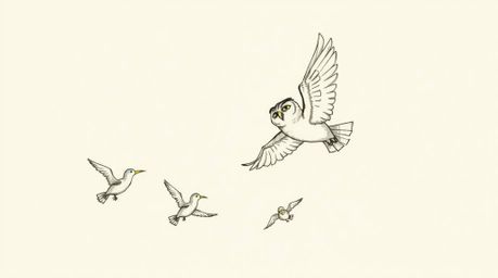 A hand-drawn sketch inspired by Pixar portrays a blind owl gracefully in mid-flight, guiding several birds in their first fly