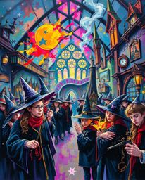 An extreme close-up acrylic painting showcases a magical school brimming with young wizards.  The artwork bursts with vibrant