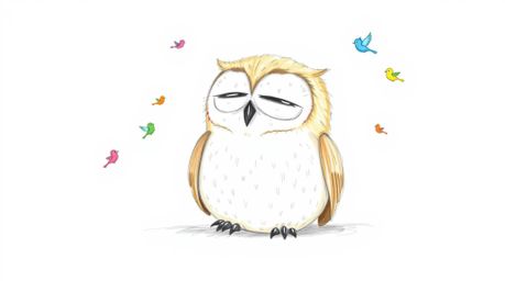 A heartwarming hand-drawn sketch in the style of Pixar portrays a gentle, blind owl with light brown feathers and closed eyes