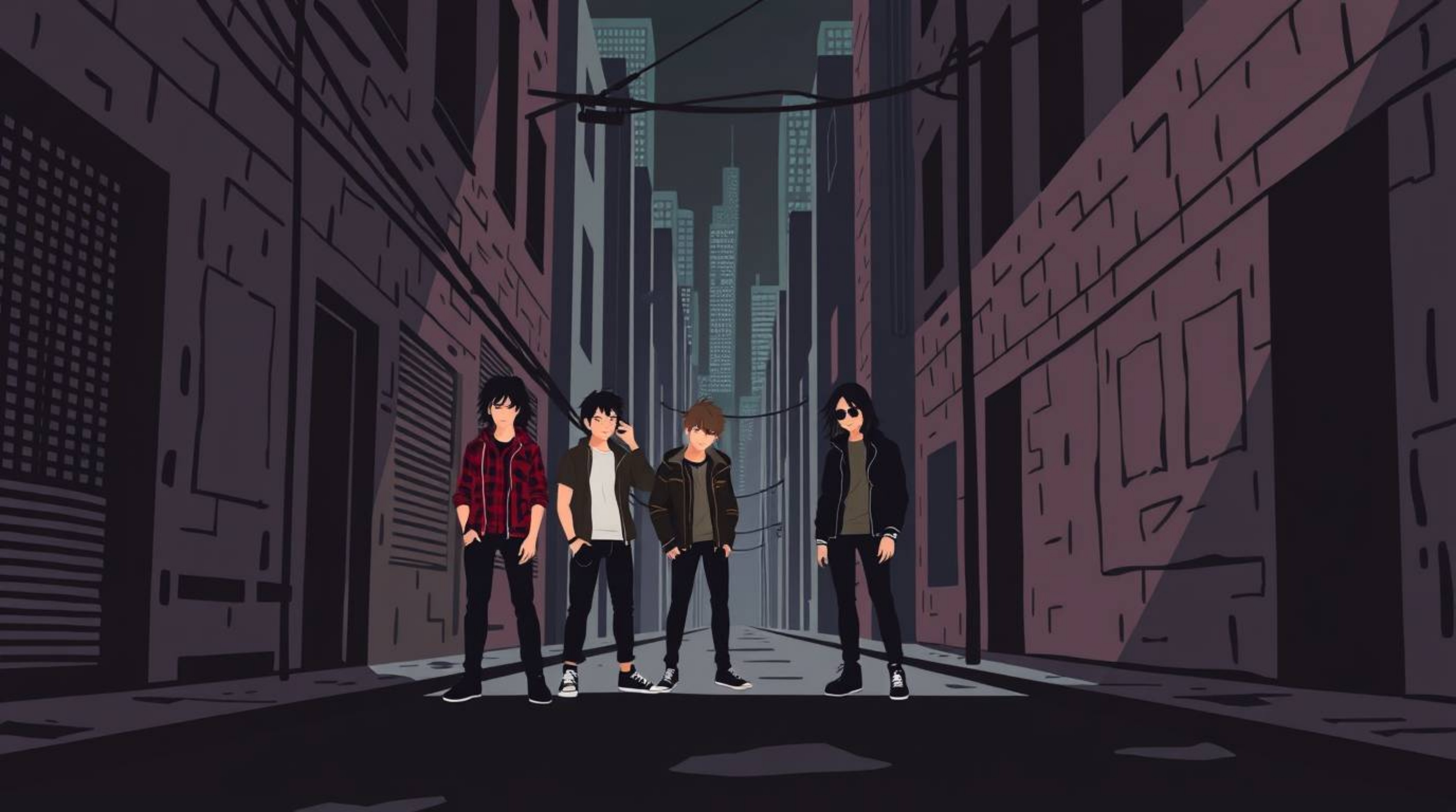 A captivating modern flat design illustration depicts a grungy city alley teeming with rebellious teenagers.  The artwork fea