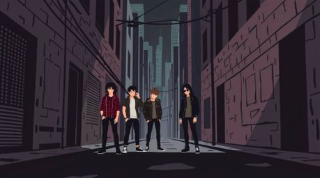 A captivating modern flat design illustration depicts a grungy city alley teeming with rebellious teenagers.  The artwork fea