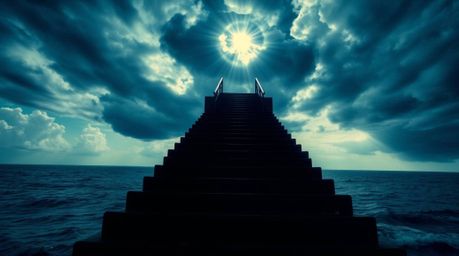 A dramatic staircase rises from the ocean towards a stormy sky, illuminated by a divine sunburst. Captured with a low angle p