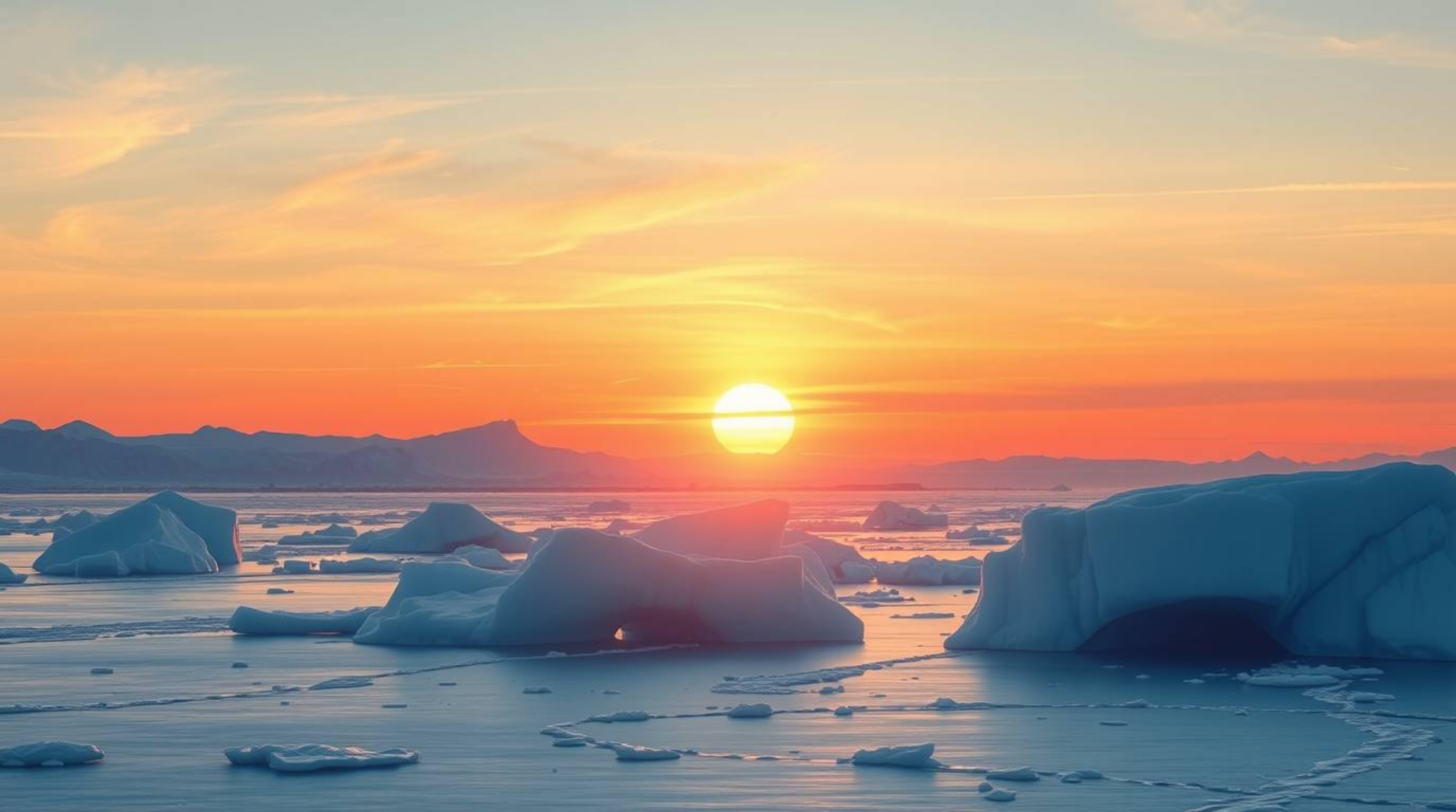 A graceful and elegant illustration capturing the serene beauty of a refined sunset over icy polar glaciers. This artwork evo