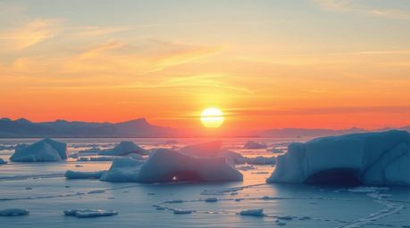 A graceful and elegant illustration capturing the serene beauty of a refined sunset over icy polar glaciers. This artwork evo